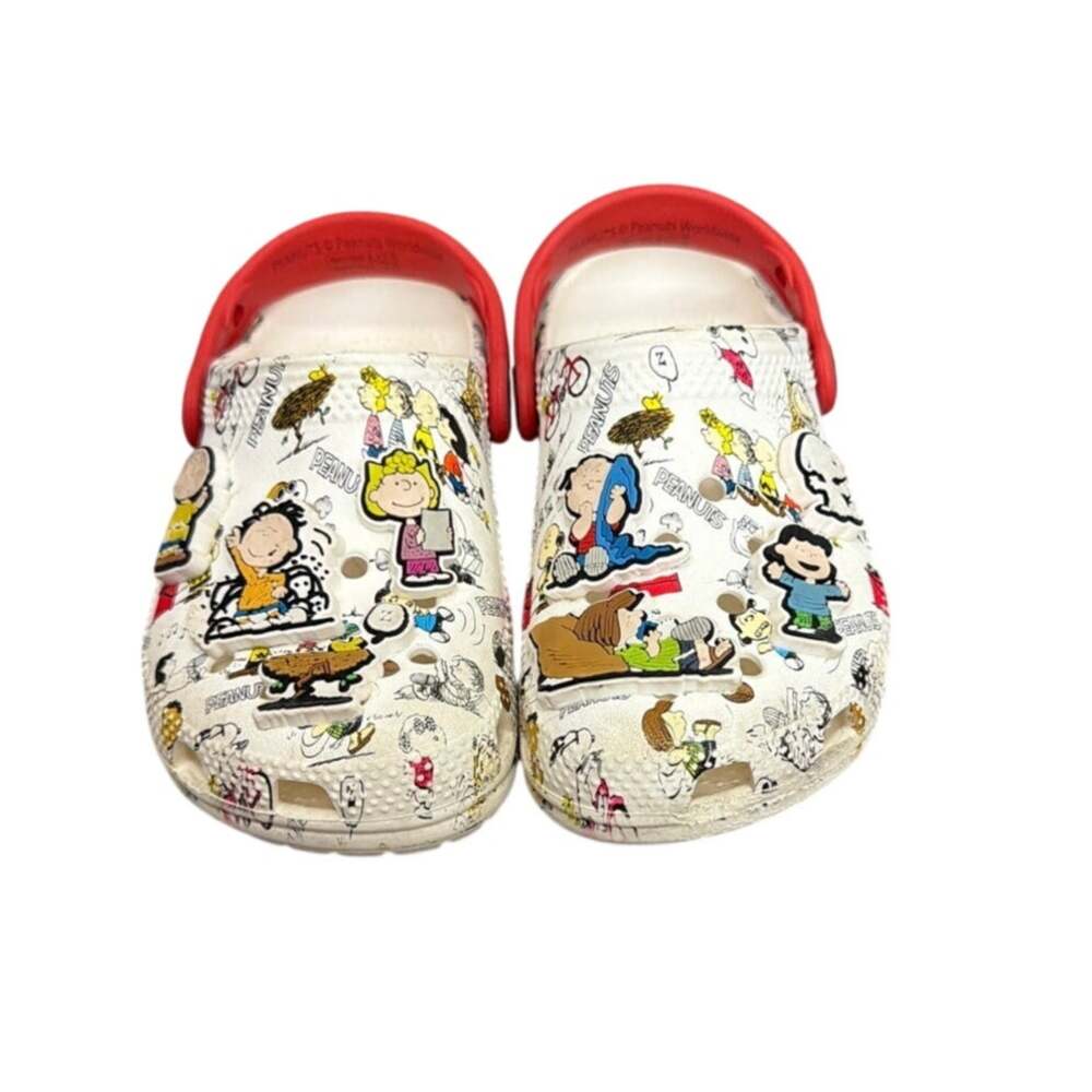 Crocs Peanuts Classic Clog White Red Charlie Brown Snoopy Comic Jibbitz Size 10